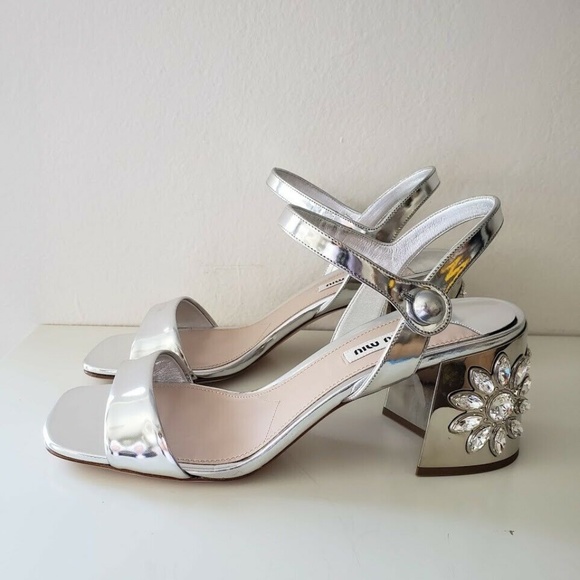 Miu Miu Shoes - Miu Miu Embellished Sandals Heel Shoes - Silver